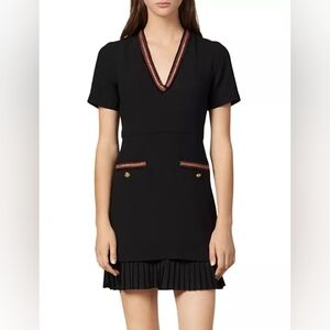 Sandro Orna Metallic-trim Pleated-hem V-neck Crepe Dress In Black, Size 38